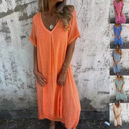 💥Hot Sale 💥 Naisten löysä V-kaula-aukkoinen puuvillainen pellavamekko
