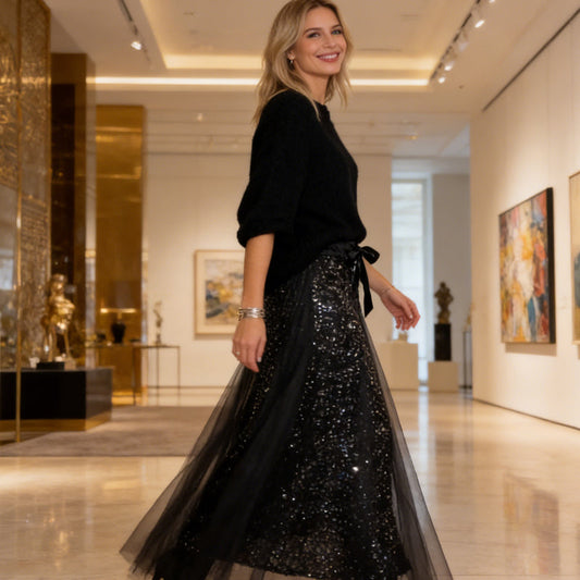 🎁2026 Uutuudet 58 % ALENNUS💥Naisten kimaltava toppi ja tyllihame -setti – häikäisevä ja elegantti kaksiosainen setti✨