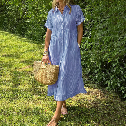 Naisten V-kaula-aukkoinen käänteinen kaulus raidallinen pitkä paitamekko