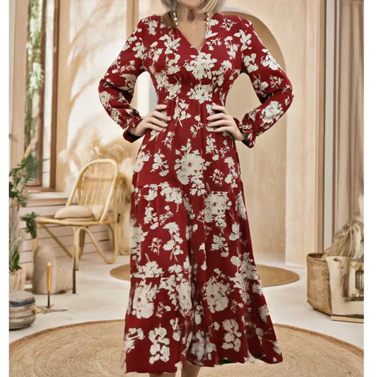 V-kaula-aukkoinen, vyötäröllä kiristettävä, kukkakuvioinen, kerroksellinen maksihame, pitkät hihat