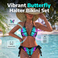 Värikäs perhoskuvioinen halterneck-bikinisett