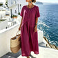 Women's Button-Front Short Sleeve Maxi Dress