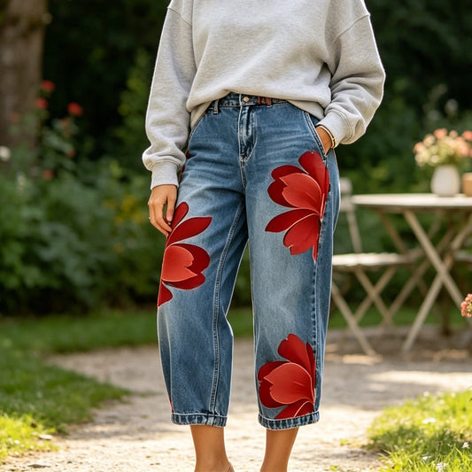 Artistic Flower Wide-Leg Jeans for Women